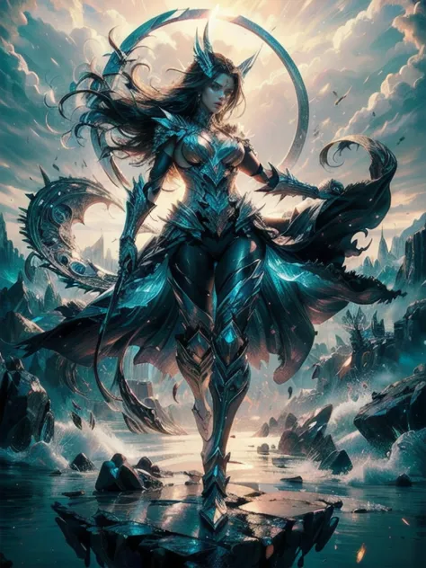 Full body image (((full body view)))dynamic and powerful depiction of Witchblade. She has long flowing brown hair, wears an intricate organic armor that fuses with her skin, running throug her body, glowing with mystical energy. Her pose is confident and c...