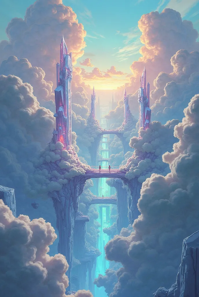 A vast horizon in the atmosphere, full of clouds and crystalline bridges floating between the clouds.  vibrant and full of energy 