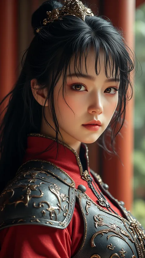 high quality, 4K, 8k, meticulous, Super Realistic, photo-realistic,  Female Portrait , Ancient Chinese woman,  Exquisite Face , Bangs, Long Ponytail Long Hair, Light makeup,  Sexy Boobs , wearing sexy antique black red armor, Fishnet Pantyhose, elegant ges...