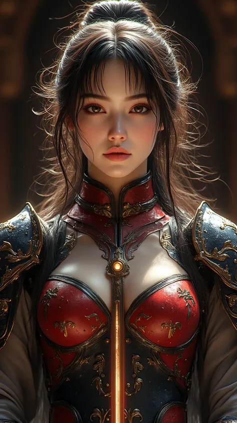 high quality, 4K, 8k, meticulous, Super Realistic, photo-realistic,  Female Portrait , Ancient Chinese woman,  Exquisite Face , Bangs, Long Ponytail Long Hair, Light makeup,  Sexy Boobs , wearing sexy antique black red armor, Fishnet Pantyhose, elegant ges...