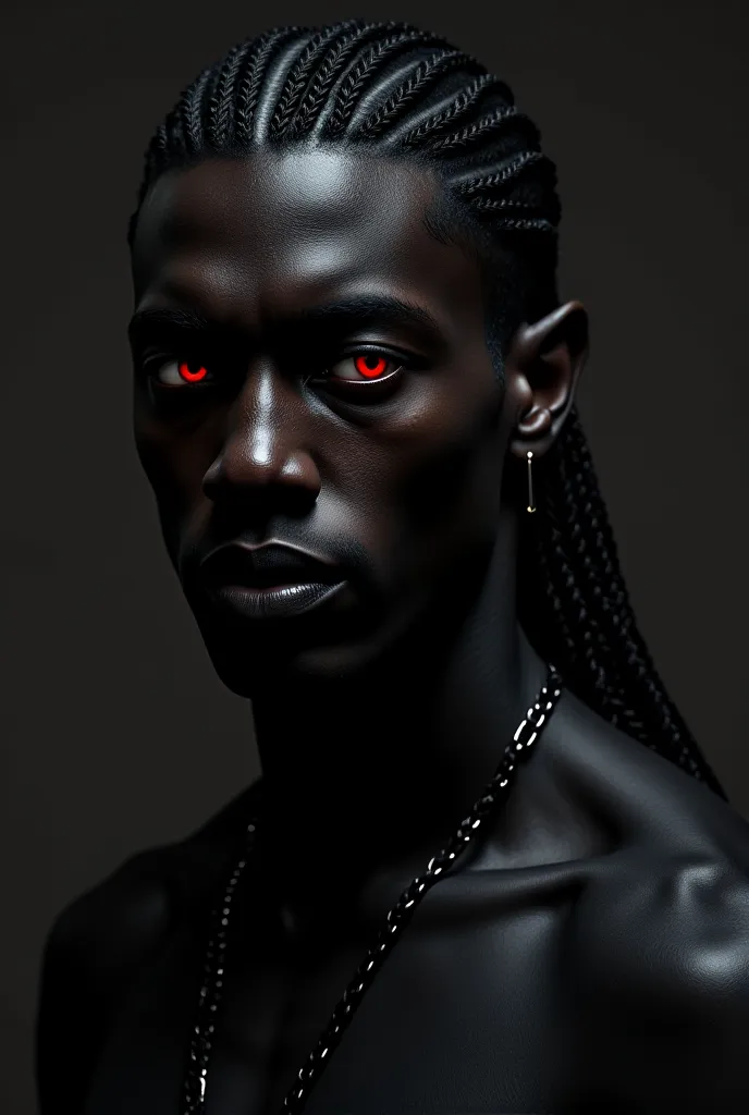 Skin: Deep obsidian black, as if crafted from the shadows themselves, absorbing light and reflection. His skin seems to shimmer faintly in dim light, adding to his otherworldly presence.
Eyes: Blood-red, glowing crimson like smoldering coals. His gaze is i...