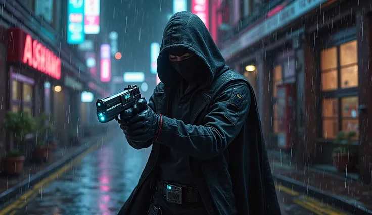 "A masked assassin in a black tactical suit, holding dual futuristic pistols with glowing blue accents. The setting is a dark city alley with rain and neon signs reflecting on wet pavement."