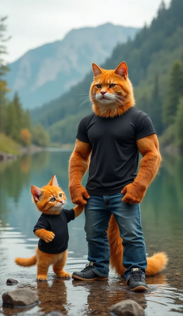 a muscular orange furry anthropomorphic cat,  dressed in a black T-shirt and jeans , standing landed on the bank of the river against the background of green mountains. He was standing next to him eekar an orange fluffy kitten, ia  dressed in a black T-shi...