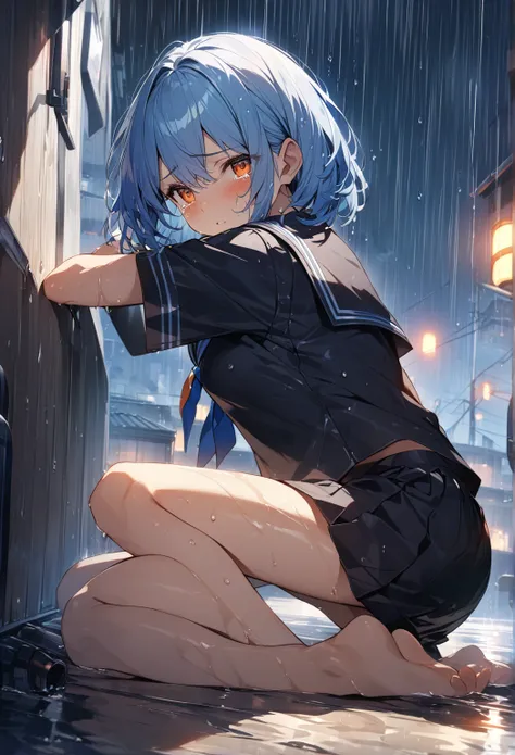 a girl、Light  blue hair、 orange eyes 、slanted eyes、black sailor suit、navy miniskirt、 full body、tenant un pararain、 look back 、rain、 blue hair, wet hair, bob cut, Tsurimé ,  orange eyes ,  Tears,  Ultra HD, great detail、soft lighting