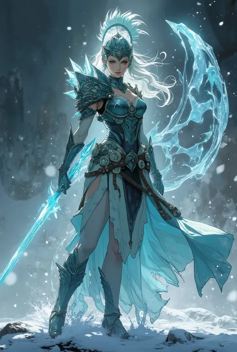 elemental ice spirit, Body made of snow and ice, Ice Spirit, scenario field like a battle,  she's wearing Spartan armor,  aura de magic, magic, dark fantasy genre, magic,  soldier,  dancing ,  8K quality,  a very detailed face,  kinematic
