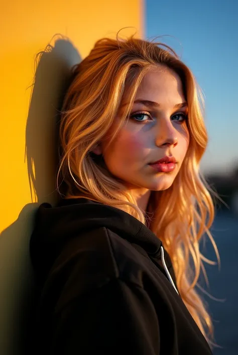 Here’s the prompt in English:

Prompt:
"A 15-year-old age girl with long, wavy blonde hair poses against a wall illuminated by the golden light of the setting sun. She wears a black hoodie and has a calm, introspective expression, gazing slightly away with...