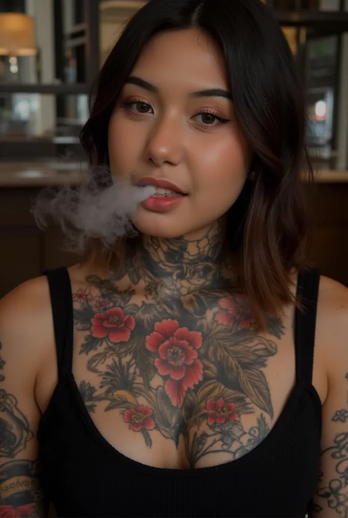 A close-up photo of AlyssaAnanta. She is looking at the viewer with bright and loving eyes. Huge breast, a lot of tatoo, she is smoking, very detailed. She is wearing a tanktop . Hasselblad H6D-400c MS, low exposure, high contrast, ISO 100, with a 120mm ma...