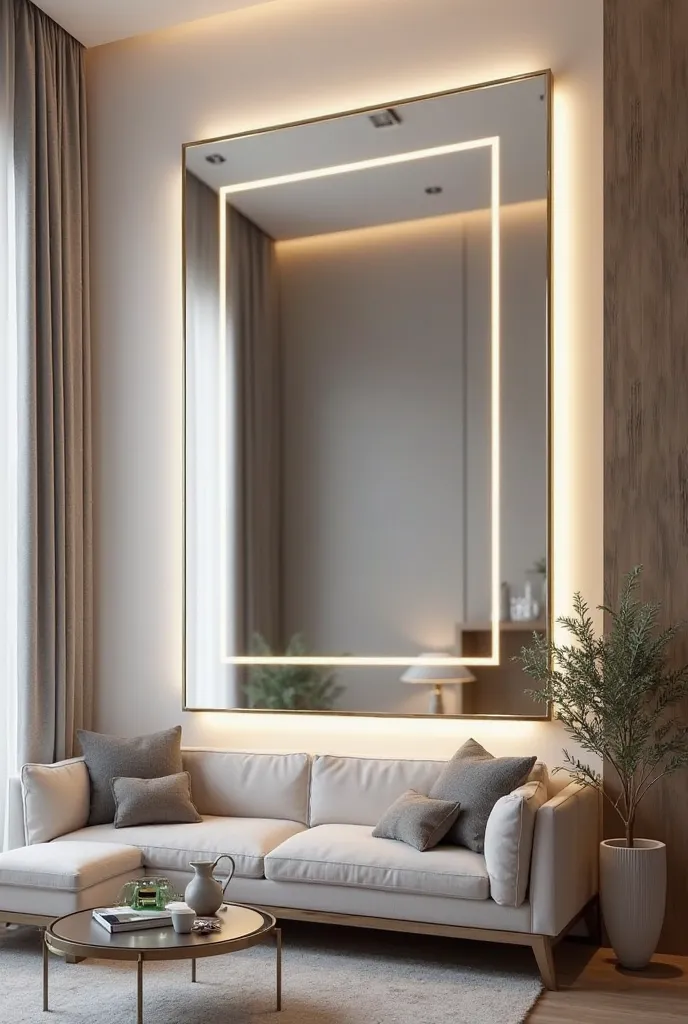 Generate a banner image for the website of a mirror store. The banner must show a mirror with LED in a luxurious living room,  with modern decor and soft lighting . The room must have neutral tones (longing, gray,  White )  with gold details . The mirror m...