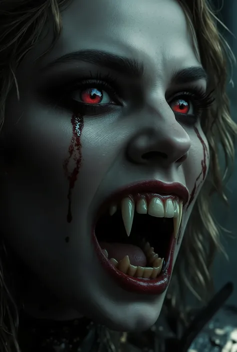 queen Vampire warrior with large pointed teeth wearing Spartan armor, com a boca aberta mostrando large, pointed teeth , large, pointed teeth , soldier, night, dancing, 8k quality, a very detailed face, cinematic