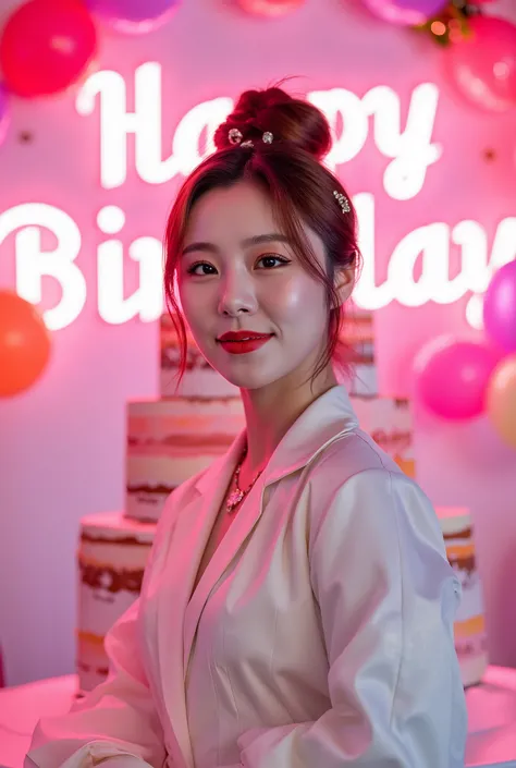 a tall girl with beautiful korean face, pale skin, red lips, a bit smile, wearing white luxury shining shimmering long sleeves dress with accessories on dress. hair chignon style brown hair with accessories pendant necklace. background neon pink fuschia an...