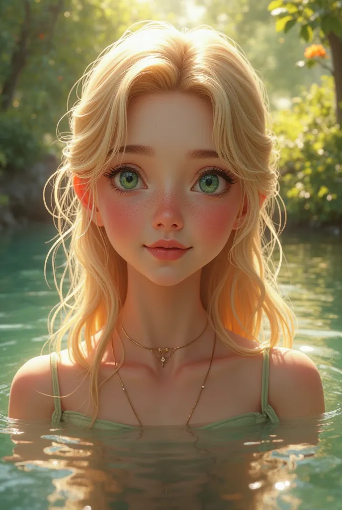 Create a blonde girl with green eyes smiling at the camera in front of a pond, Realistic