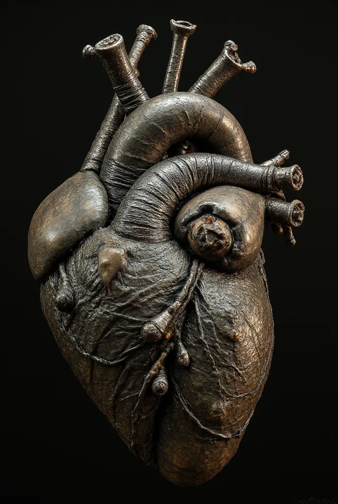 prompt:
"A highly detailed and realistic human heart, created completely from pieces of a photographic camera. The heart must have an organic appearance but with metallic textures and components visible mechanics, like lenses, shutters,  gears and cables ....