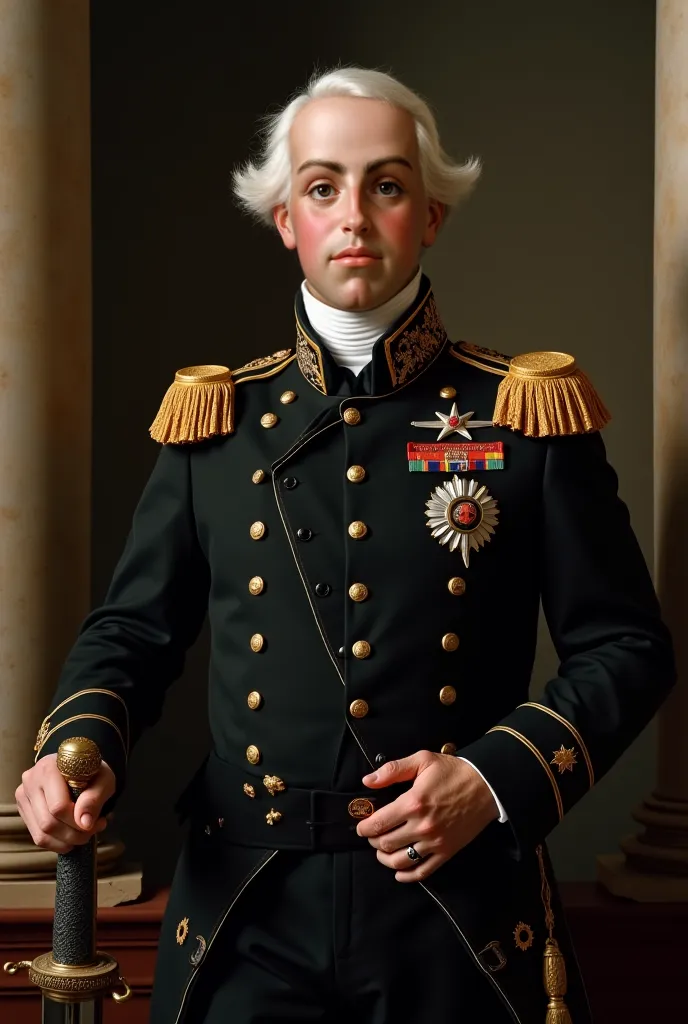  of the 18th century or early 19th century, dressed in formal royal clothing. He wears a black uniform adorned with gold details and several medals on his chest, including a star and embroidered bands. His face has rounded features, a serious expression an...