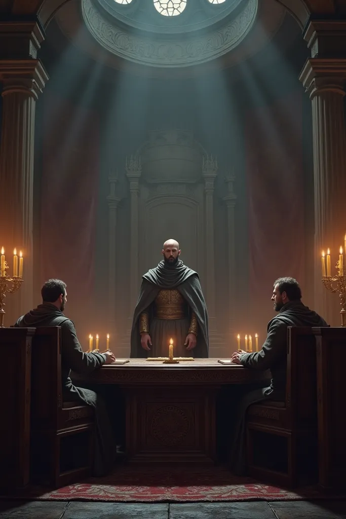 A council from the medieval era, dark room and a very large table with three people, you sit all three except one that stands and that says"I vote that if"