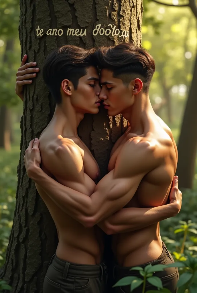 Two sexy boys holding a tree trunk with the words "TE AMO MEU DOTOZU"