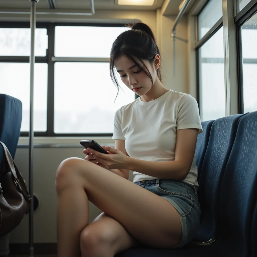 japanese actress, wearing white T-shirt body fitted,denim mini skirt, short ponytail, slim body, good proportion body,low-angle,sitting on knees up on opposite seats on the train ,V-shaped,visible white panties,Looking at smartphone,((from directly in fron...