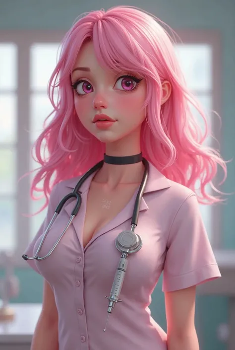 girl, Pink hair, nurse,  syringe , big boobs,  blush, Shame, embarrassment, Animated Characters High Quality, exquisite detail, Paint Effects, Beautiful Facial Expressions,  Delicate Textures , soft lighting, Realistic Skin Tones, Vivid Colors, Attractive ...