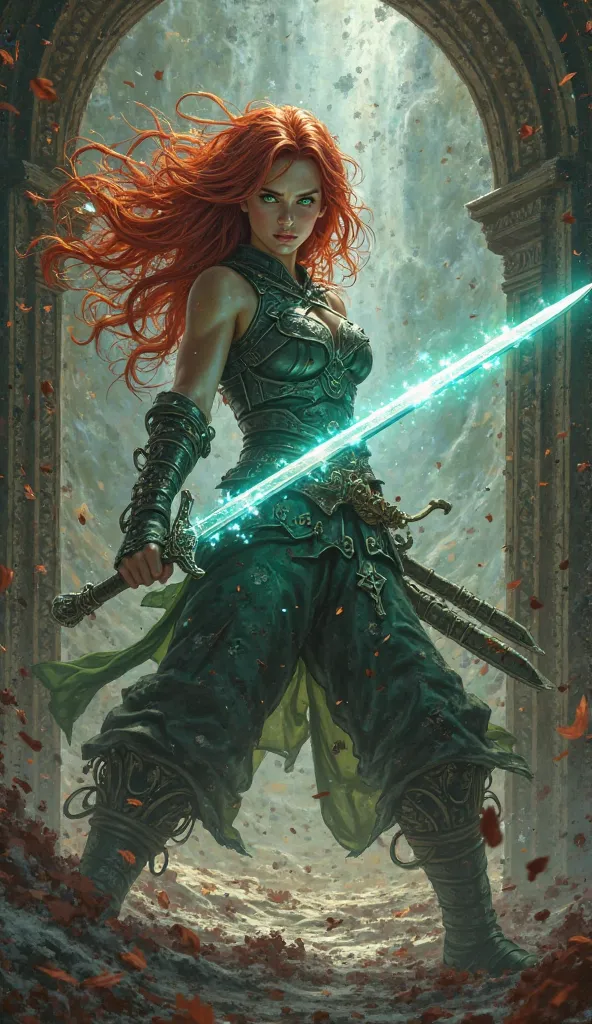 a female warrior with green eyes and wavy red hair, in a fight with a mime inside a chest, in the RPG world, the warrior fights with the mime using a longsword with a radiant blade  