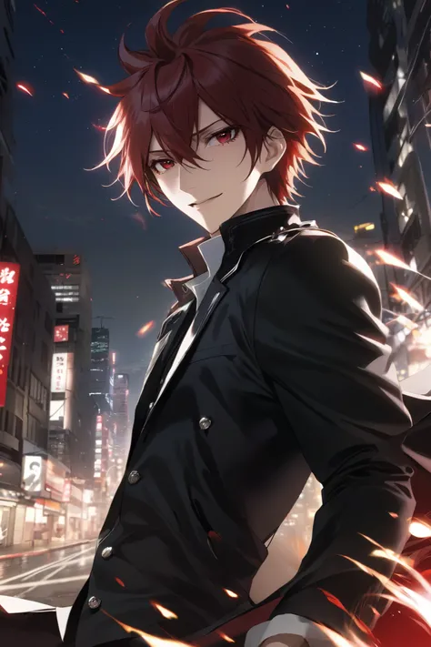 anime character Red-haired and a black jacket, Red-haired,   anime handsome man, male anime character, 1 boy, Alone, Mikoto Suou, k project, ((())), Madness, Malkavian, Background city, ( night ), Grin, Cowboy Shooting, dynamic lighting