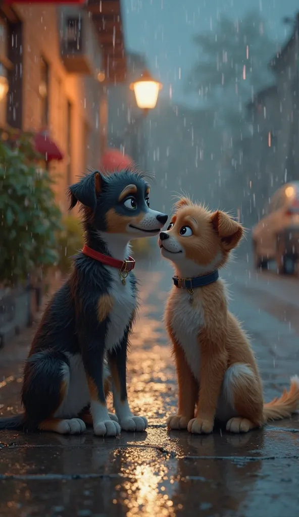 A Pixar-style 3D scene showing the cat sitting beside the injured dog on a wet sidewalk. The lighting is soft and cinematic, highlighting their gentle expressions and the shared moment of solace in the rainy atmosphere