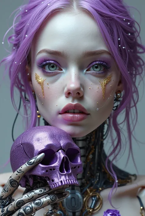 A Close Portrait of a Beautiful Real Looking Caucasian  Ghotic Cyborg Woman,, Pale Skin like Plastic ,Android,  Unfolding Recursive Face , Purple and White Vibrant Hair Made of Electric Wires , Mechanical Visible Parts on  her Transparent Throat Sholder an...