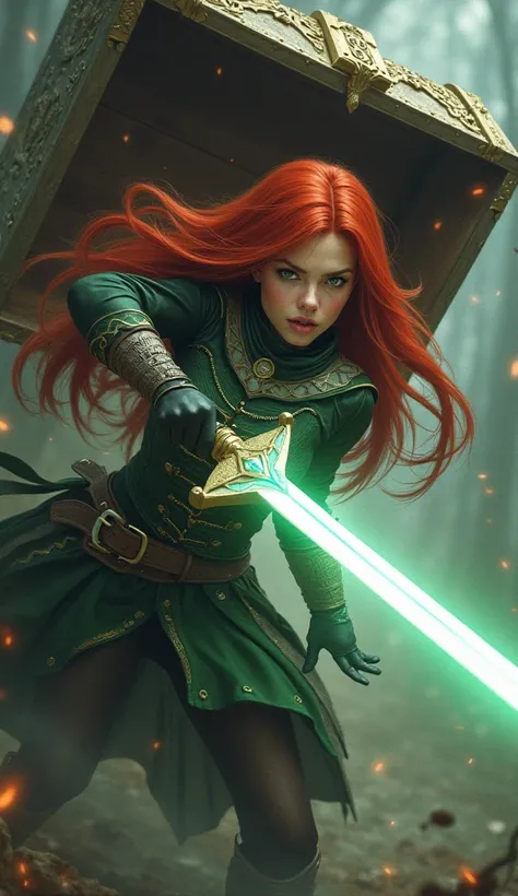 a female warrior with green eyes and wavy red hair, in a fight with a mime inside a chest, in the RPG world, the warrior fights with the mime using a longsword with a radiant blade  