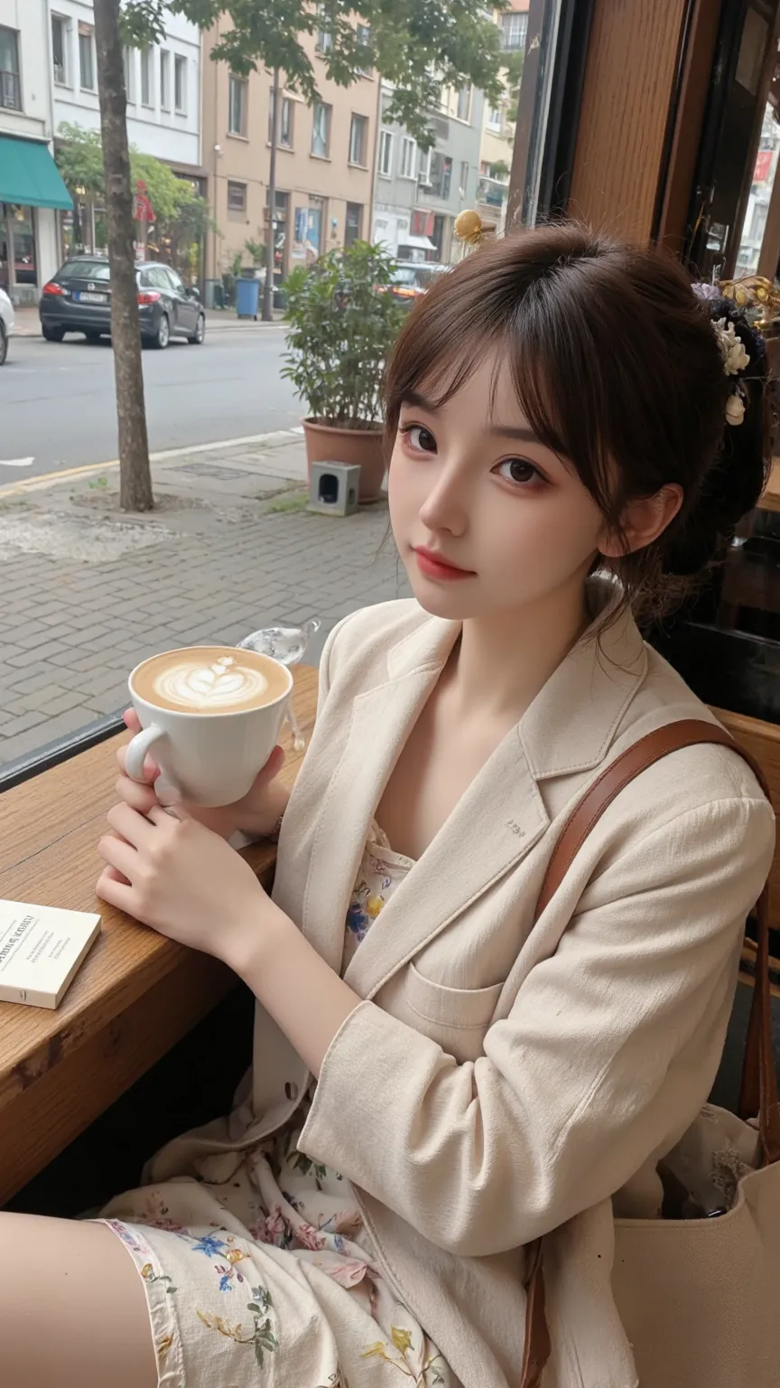  scene：Community Cafe Window Wooden Table，She draped an oatmeal-colored linen suit over her floral dress，Hardcover Book，Latte steams heat in the morning light。
appearance：Fluffy curly hair with tortoiseshell hairpins，with a cowhide strap on her wrist and s...