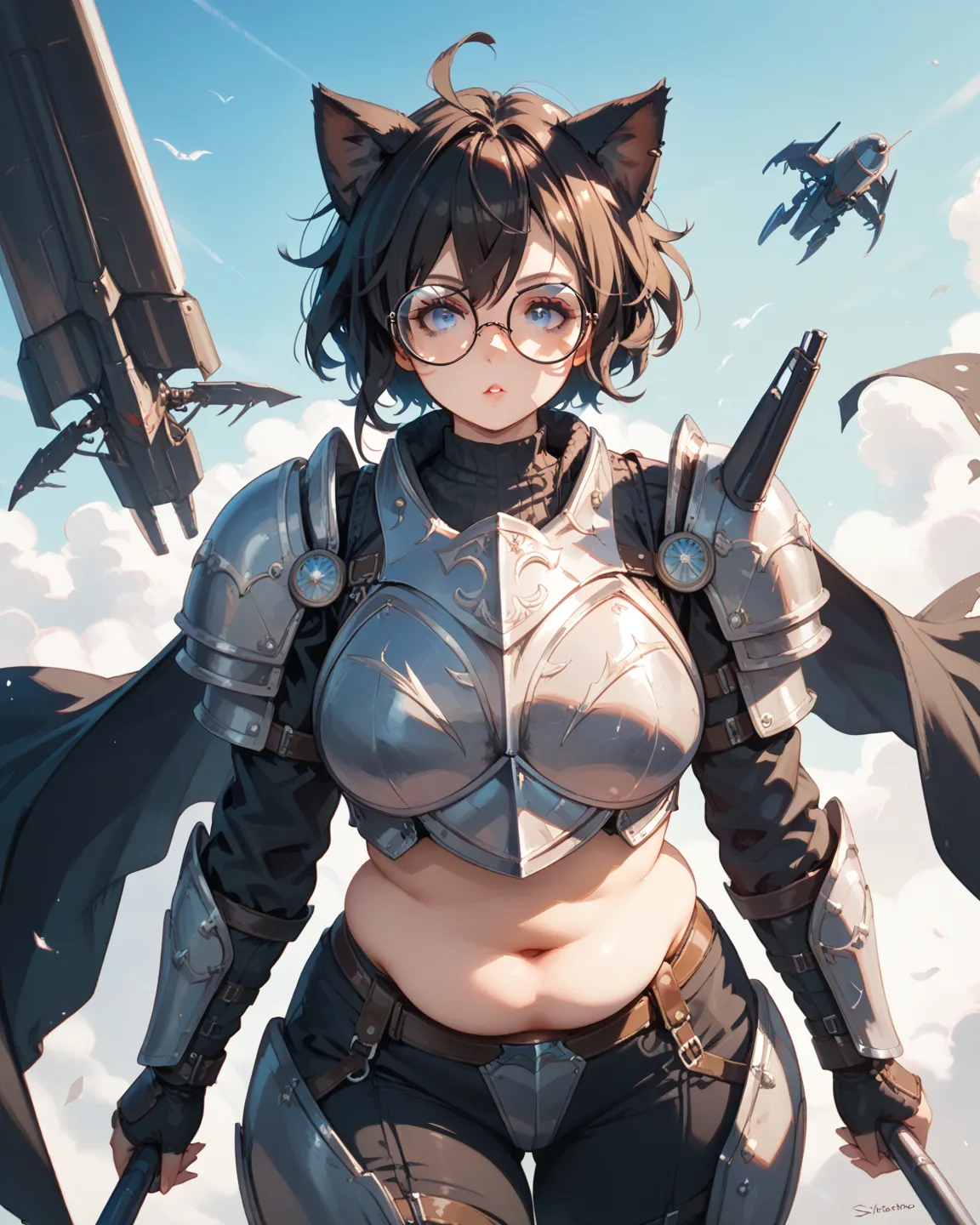 A scifi rpg scene featuring a woman with dark brown, short messy hair and black cat ears. She has a chubby face, She has blue eyes, a chubby stomach, and realistic proportions. she has a style of armor with blue and white designs in the style of helldivers...