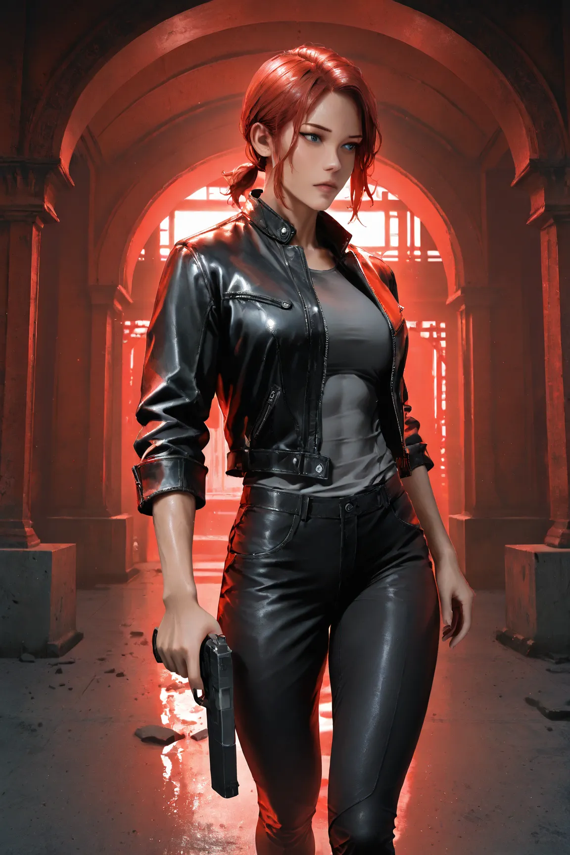 Photorealistic, photography, 1girl, solo, j3sse, slim and toned, red hair, sapphire blue eyes, low ponytail, short ponytail, black leather jacket, tight grey shirt, tight black pants, holding matte black pistol, levitating, floating off the ground, concret...