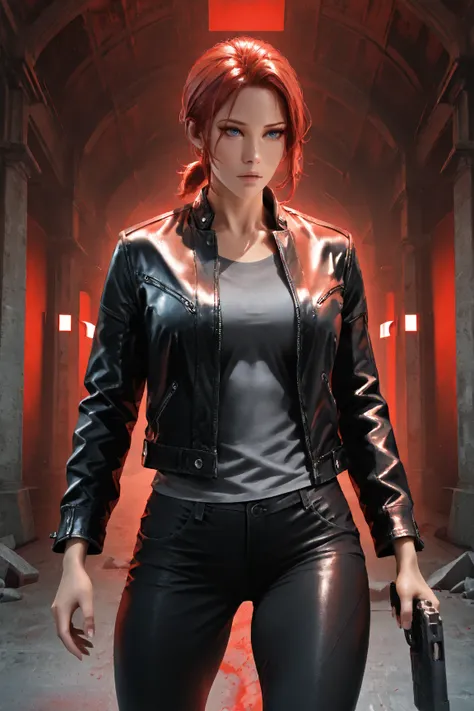 Photorealistic, photography, 1girl, solo, j3sse, slim and toned, red hair, sapphire blue eyes, low ponytail, short ponytail, black leather jacket, tight grey shirt, tight black pants, holding matte black pistol, levitating, floating off the ground, concret...