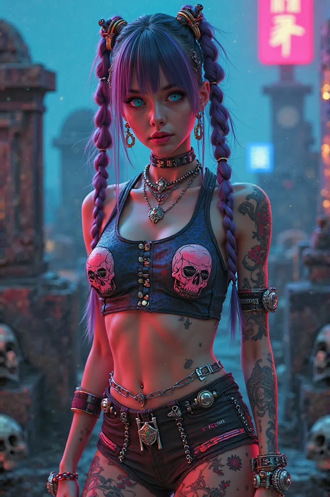 The young futuristic woman shows a bold look and cyberpunk style, with long, colored hair braided with metallic accessories and bright blue eyes. Her tight top features illustrations of skulls in neon colors contrasting with a futuristic short in shades of...