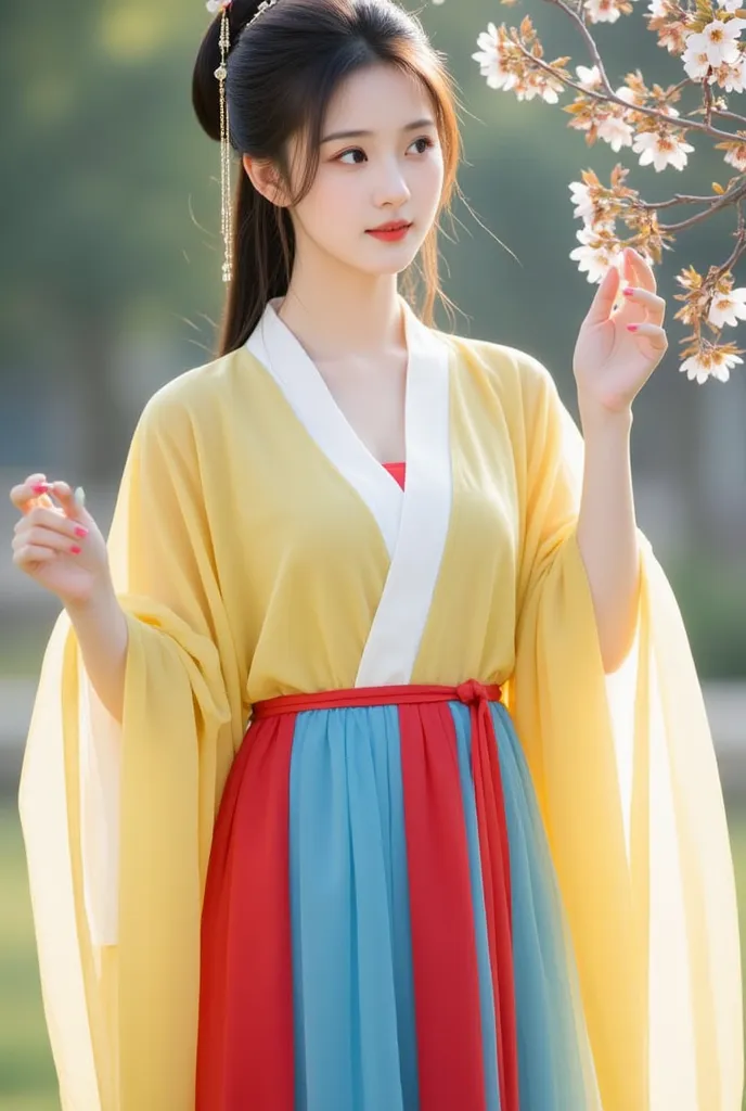 The image depicts a young woman dressed in traditional Hanfu attire. She is wearing a flowing yellow robe layered with white, along with a vibrant red and blue skirt. Her hair is styled elegantly with a decorative hairpin, complementing the serene and natu...