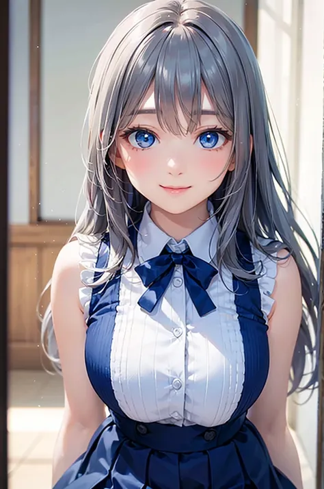  8k resolution,((Best Quality)),Ultra High Resolution, Adult Female, alone,  sexy, (gentle smile), (blue eyes), Beautiful Symmetrical Face, (silver straight long hair),sleeveless shirt, blue skirt,stockings,realistic:1.4,realistic:1.4,(masterpiece:1.2), Pe...