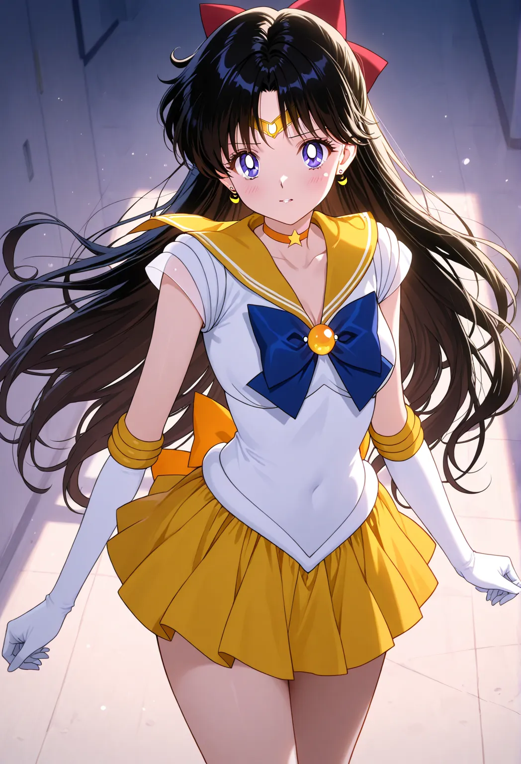 ToloverU ,Minako Aino,  long curly hair ,Sailor Venus clothing from Sailor Moon that is yellow, pretty and slender body with curly black hair. Cuerpo completo de cabeza a pies