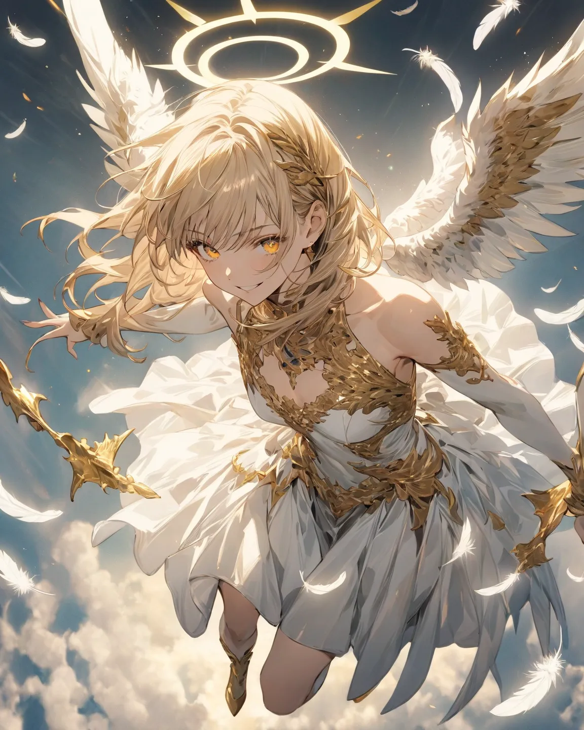 ((((  masterpiece)))), (((( Top Quality)))),  Hi-Res,fine grain, detailed face,,指の本数が正like,full body, action, I fly through the sky ,1 girl,  Gold, Angel,女god, yellow eyes,背中に大きなAngelの羽根,(Feathers grow from my back ),Part of the face is hidden by feathers,...