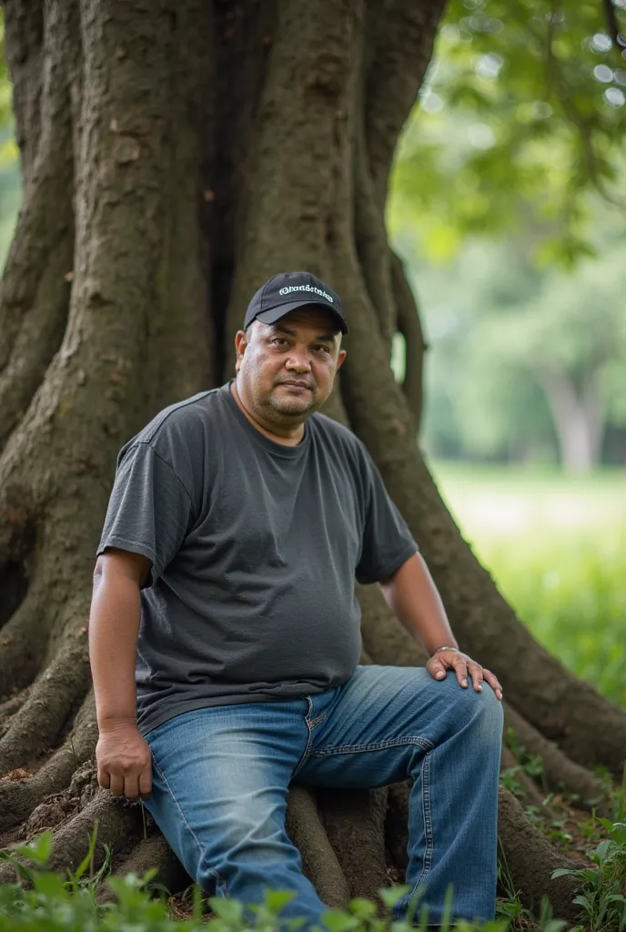 indonesian man,  40 years old ,rather chubby , clean face ,  wear a black sports hat , dark ash t-shirt,celana blue jeans, sitting on a tree trunk, di bawah  big tree, limp expression , see a camer,background,  big tree ,realistic photo,full hd.