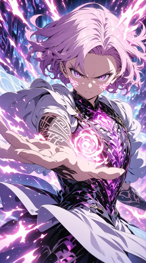 age boy, light-purple eyes, light-purple-pink hair, displaying concentration and power.  Action pose,  raising hand,  casting spell or magic gesture.  White and black,  fantasy-style outfit,  showing upper body, with dark-colored accessories and tattoos.  ...