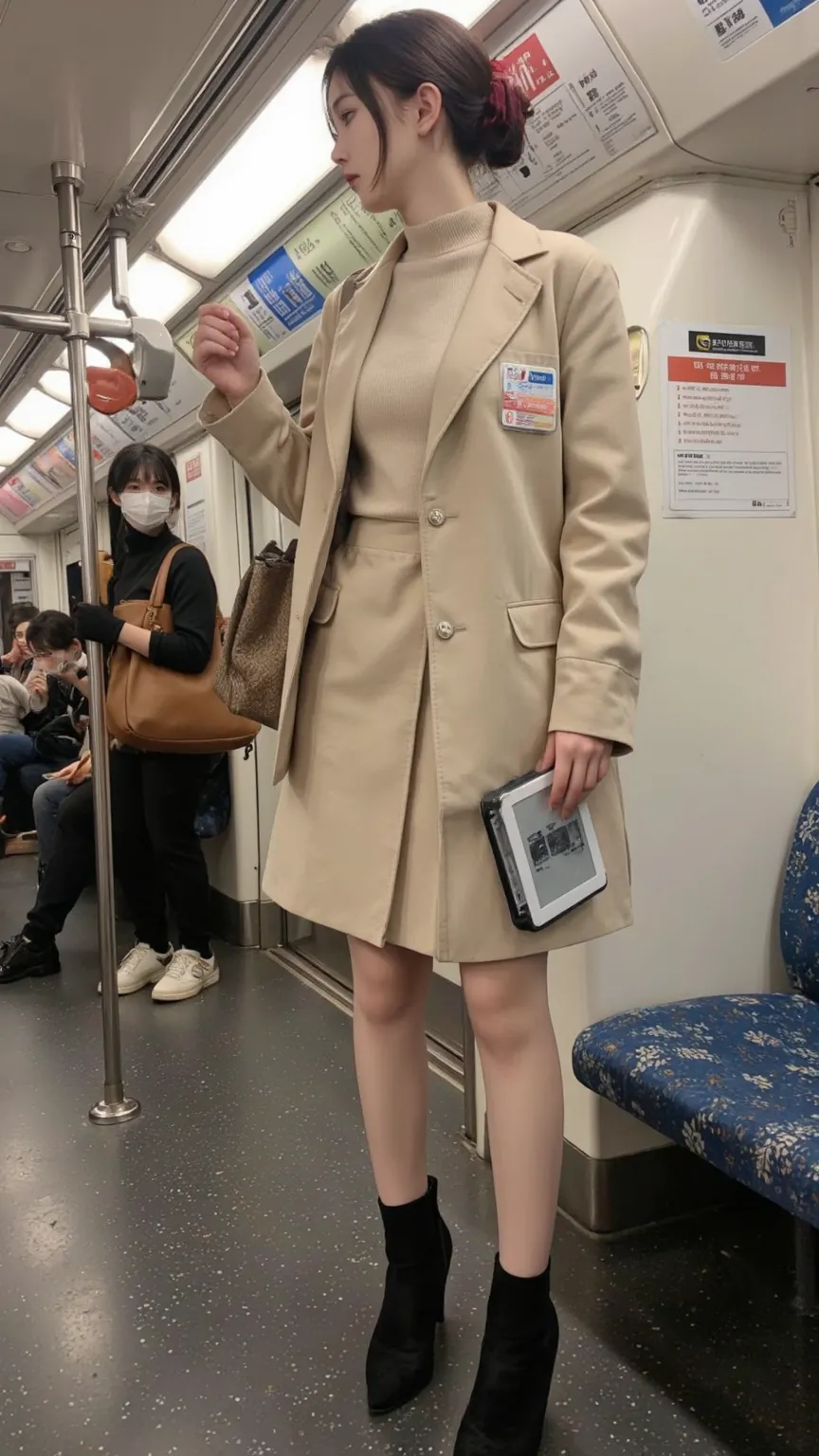  scene：morning peak subway car，她穿着灰调格纹woolen straight skirt，with beige high neck sweater，cover, a water-repellent windbreaker that can be folded into the bag。
appearance：low ponytail with dark red velvet hair ties，earlobes embellished with mother-of-pearl ...