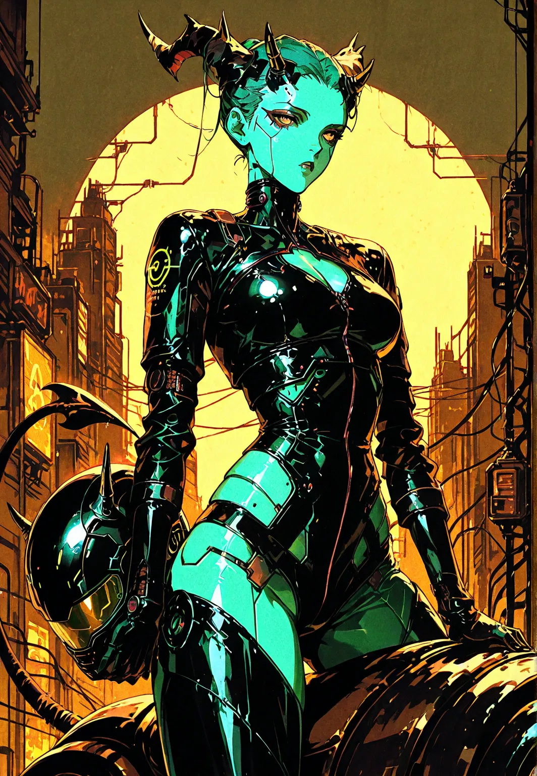 front view:  demon girl , green skin, Horns, TAIL , latex costume,  robotic circuits , breasts, devices futuristic, aggressive, brown, ((riding a futuristic motrocycle)), holding a helmet . Background: cyberpunk city. dark atmosphere. front view.