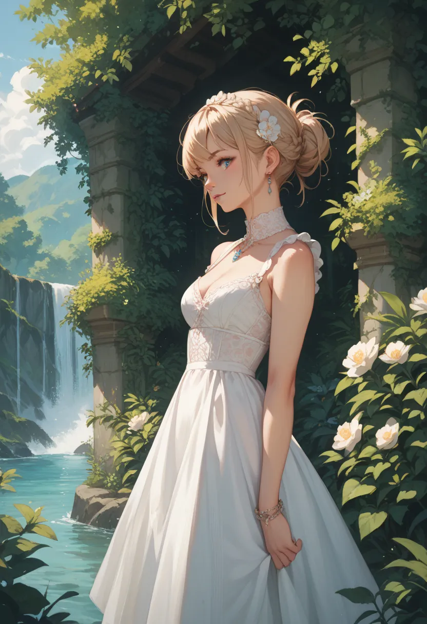 score_9, score_8_up, score_7_up, score_6_up, score_5_up, score_4_up, anime，a young woman standing in a serene natural setting