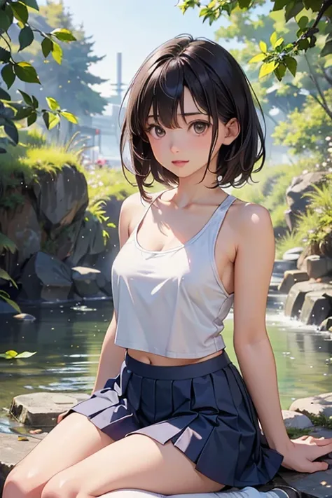 ((8k,Greatest Masterpiece,realistic images,Japanese,Perfect human anatomy,Body balance,Complete Proximity,  girl )),from before, innocent face, gentle eyes,ish, beautiful feet, short white tank top ,short navy blue skirt, black hair, semi-long,noon, bright...