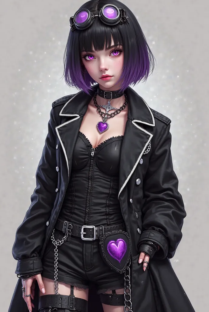 A stylish young woman with a short layered bob haircut, black at the roots fading into purple at the tips. She has pinkish-red eyes and wears a black steampunk-inspired outfit:

A long black coat with white trim and steampunk goggles perched on her head
A ...