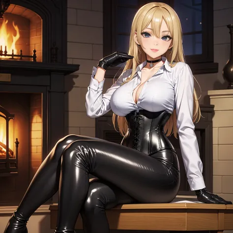 masterpiece, Anime Style, A young girl, slender body,  of foot, pose sexy, ( seen from the front ). pretty face,  seductive expression , sensual lips, draw smile,  ((big breasts)), long blonde hair, detailed eyes, blue eyes,  choker : 1.6, ((long sleeve wh...