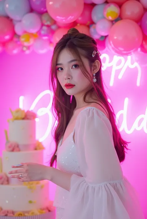 a tall girl with beautiful korean face, pale skin, red lips, a bit smile, wearing white luxury shining shimmering long sleeves dress with accessories on dress. hair chignon style brown hair with accessories pendant necklace. background neon pink fuschia an...