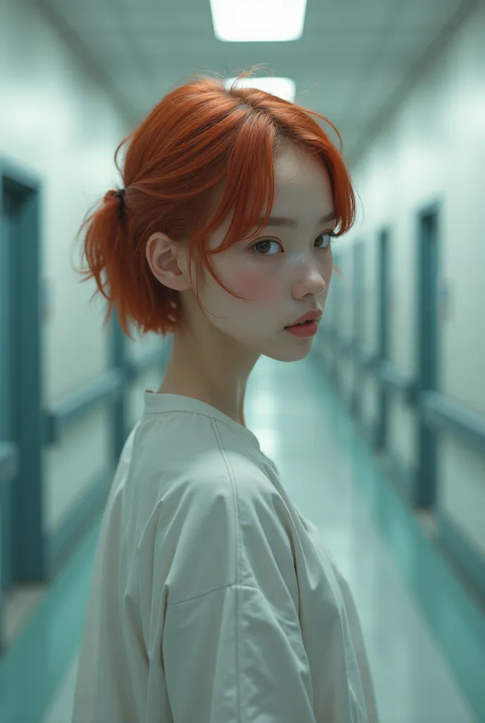  SUPER REALISTIC STYLE ,  real life , , girl,  beautiful, s,  SHORT RED HAIR TUNIC, sombrancelhas beautiful, In an empty hospital corridor like laboratory, Shy face , white hospital patient clothes, 