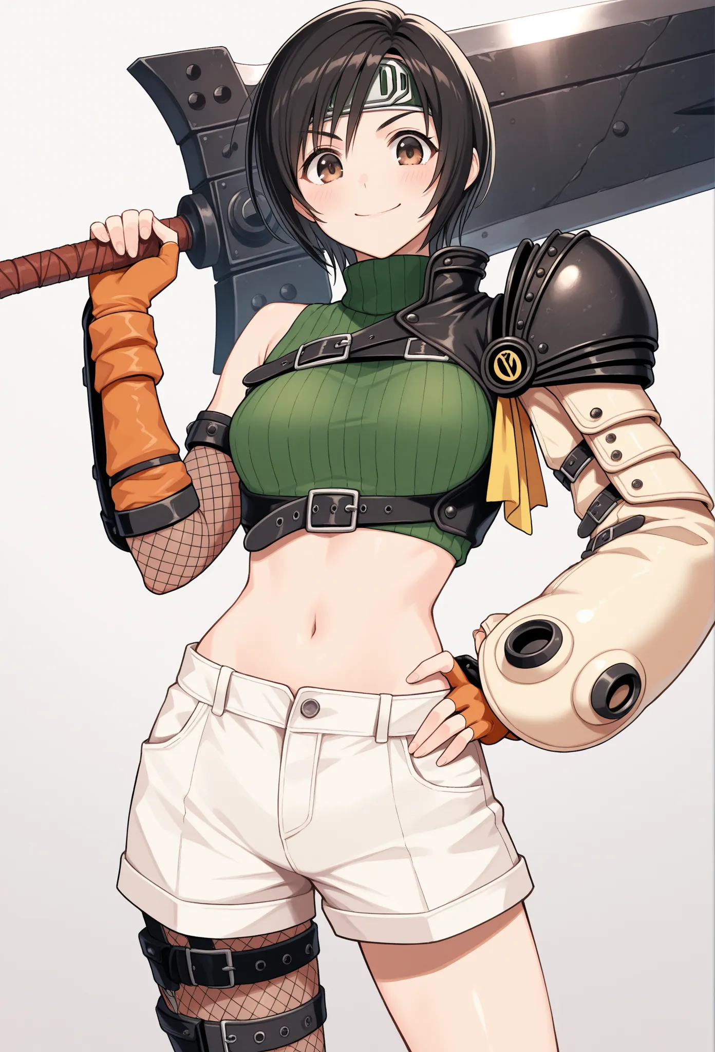 masterpiece, best quality, solo, 1girl, smile, looking at viewer, yuff7, short hair, black hair, brown eyes, forehead protector, green turtleneck, midriff, single pauldron, chest strap, single arm guard, orange gloves, fingerless gloves, white shorts, fish...