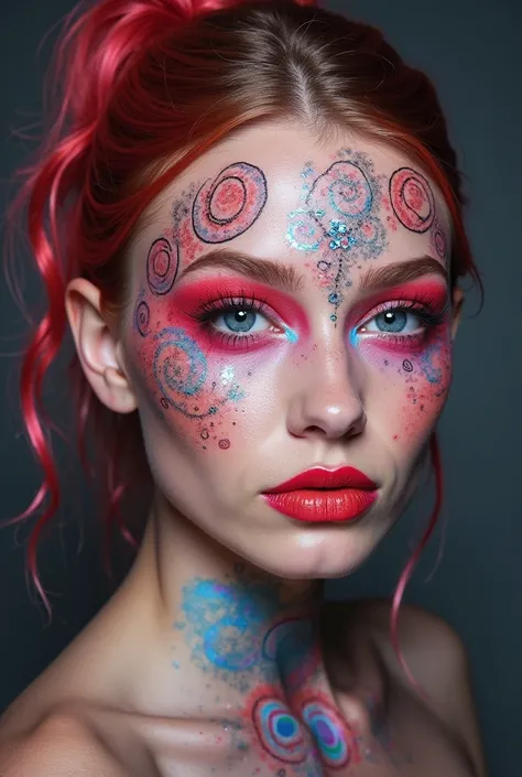 make an avangard makeup look but make ir airbrushed no harsh lines and in corporate spirals and use soft but bright colors cool oe warm toned make the spirals in black and thin line not thick a lot of them too but make it more creative and fun use glitter ...