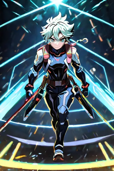  *dark and shiny elements:
 * hair: Silver white and long, collected in a small ponytail.
 * eyes: One of them is red, while the other is green, suggesting some kind of special ability or power.
 * fur: pale, details, which accentuate the contrast with his...