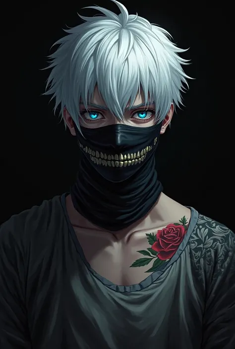 I filmed an anime boy wearing an angry mask with no features and handsome white hair, blue eyes, black background with a tattoo 