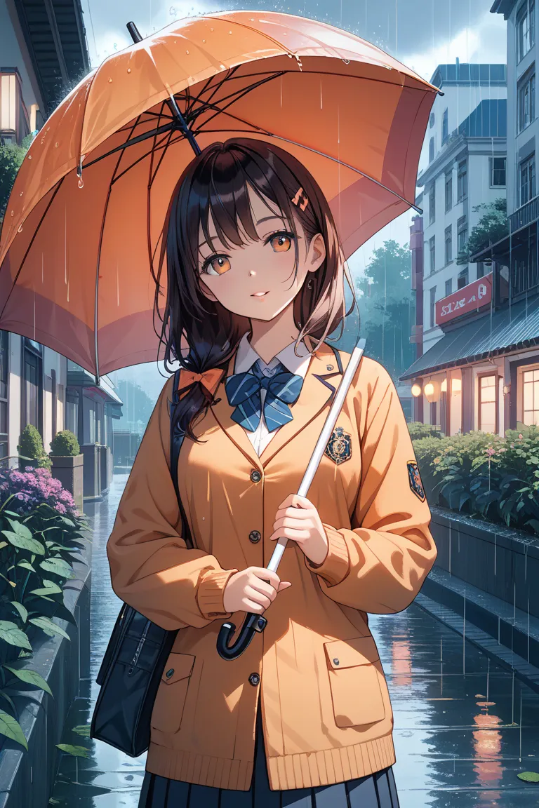 Anime style high school girl leaving school holding an orange uniform and holding an umbrella